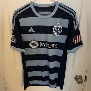 Adidas Sporting Kansas City Light Blue and Navy Striped Jersey